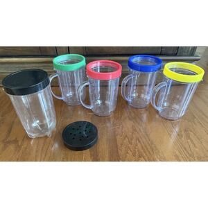 Magic Bullet Blender 4 Replacement  Party Cups w/Comfort Rings + Mixer Cup & Lid